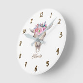 Rustikale, florale Kuh Schädelhorn Mädchen Persona Runde Wanduhr (Winkel)