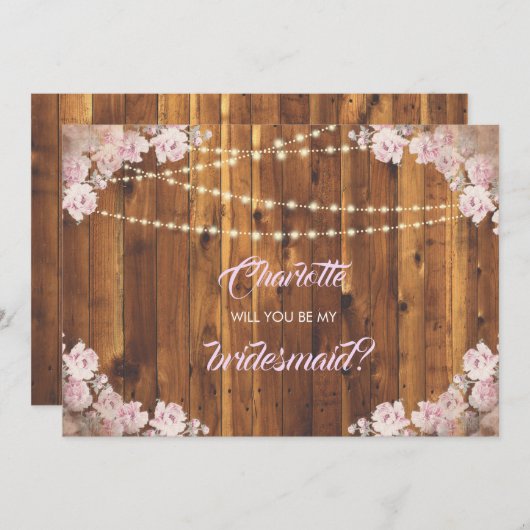 Rustikale florale Lichtstränge Holzüberdachungskar Einladung (Vorne/Hinten)