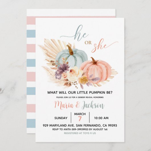 Rustikale florale Pumpkin Baby Gender Reveite einl Einladung (Vorne/Hinten)