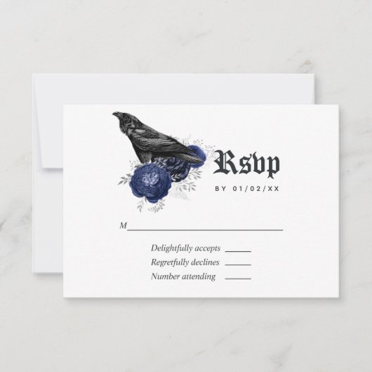Rustikale, florale Raven Gothic-Hochzeit RSVP Karte (Vorderseite)