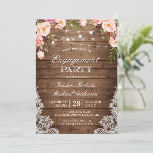 Rustikale, florale Spitzen-Lichter-Anhänger Einladung (Stehend Vorderseite)