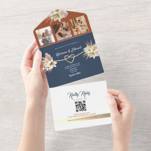 Rustikale Florale Terrakotta Navy Blau Hochzeit All In One Einladung