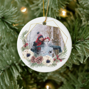 Rustikale Florale Winter-Familienfoto Keramik Ornament