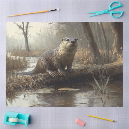 Rustikale Flussmündung Otter Wildlife Painting Dec Seidenpapier (Basteln)