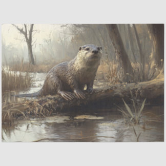 Rustikale Flussmündung Otter Wildlife Painting Dec Seidenpapier