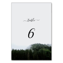 Rustikale Foggy Pine Trees Rain Forest Wedding Tischnummer