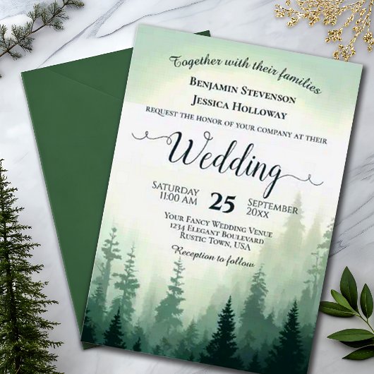 Rustikale Foggy Woodland Adventure Pines Wedding Einladung