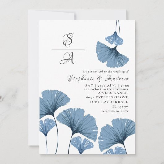 Rustikale Foliage Blue & White Gingko Wedding Einladung (Vorderseite)