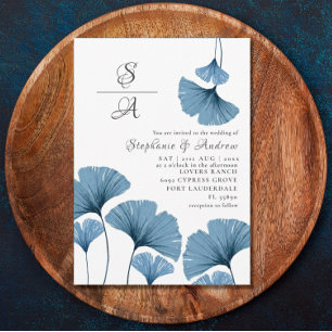 Rustikale Foliage Blue & White Gingko Wedding Einladung
