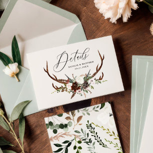 Rustikale Foliage, florale und Hirsch-Hochzeitsdet Save The Date