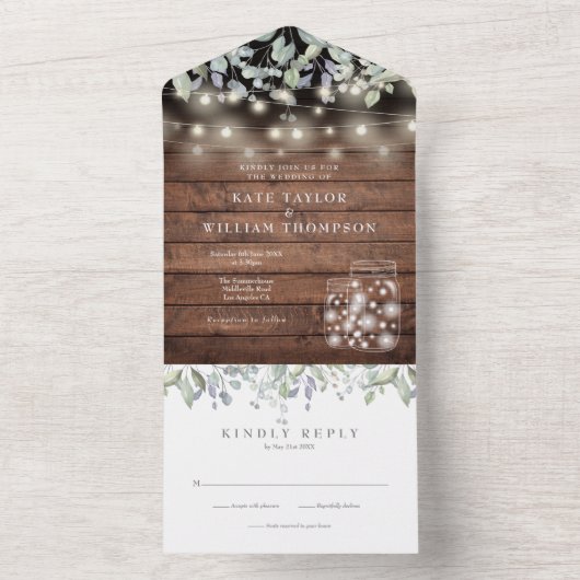 Rustikale Foliage Mason Jars Lights Monogram Weddi All In One Einladung (Innen Boden)