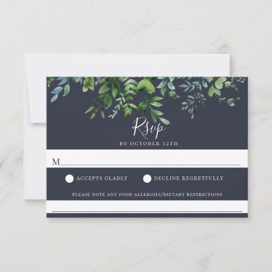 Rustikale Foliage Navy Blue Wedding Food Allergie  RSVP Karte (Vorderseite)