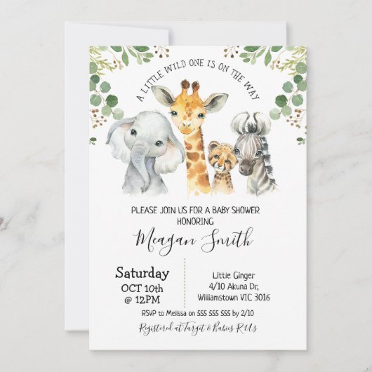 Rustikale Foliage Safari Animals Kinderdusche Einladung (Vorderseite)