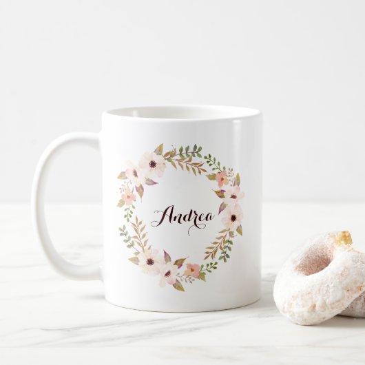 Rustikale Foliage und Blumenreath - personalisiert Kaffeetasse (Mit Donut)