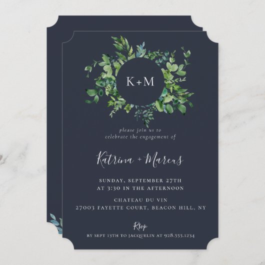 Rustikale Forest Foliage Navy Blue Engagement Part Einladung (Vorne/Hinten)