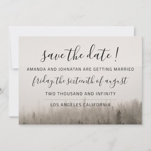 Rustikale Forest Misty Landschaft Hochzeit Save The Date (Vorderseite)