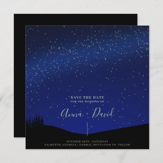 Rustikale Forest Starry Night Wedding Save the Dat Einladung (Vorne/Hinten)