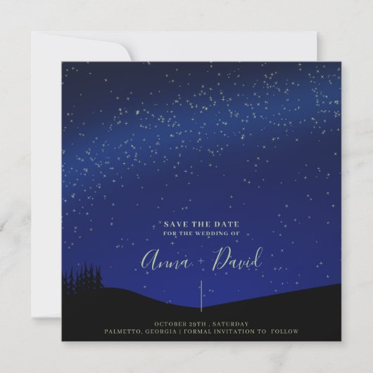 Rustikale Forest Starry Night Wedding Save the Dat Einladung (Vorderseite)