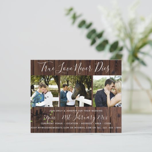 Rustikale FOTO-Collage Wedding INVITATION Holz (Stehend Vorderseite)