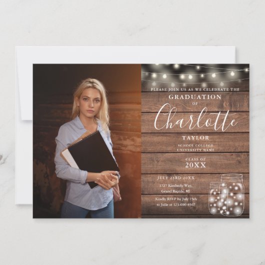 Rustikale Foto-Graduierungspartei für Holzstring-L Einladung (Vorderseite)