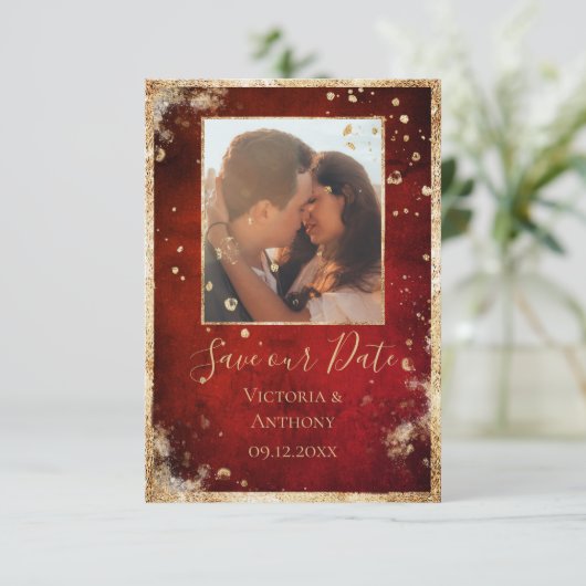 Rustikale Foto-Rot-Gold-Flach Save The Date (Stehend Vorderseite)