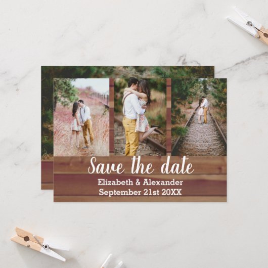 Rustikale Fotocollage Save The Date Karte (Vorderseite/Rückseite Beispiel)