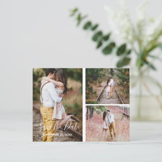 Rustikale FotoCollage Save the Date Postkarte (Stehend Vorderseite)