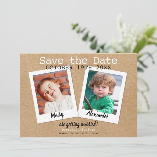 Rustikale Fotos der Kindheit Save the Date (Stehend Vorderseite)