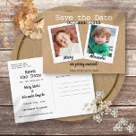 Rustikale Fotos der Kindheit Save the Date Ankündigungspostkarte<br><div class="desc">Personalisieren Sie Ihre Fotos in Ihrer Kindheit,  um eine einzigartige Save the Date Karte zu erstellen. Die Rückseite hat zusätzliche Save the Date Details,  einschließlich Ihrer Hochzeitswebsite,  mit Ihrer Rücksendeadresse und Platz für die Adresse Ihres Empfängers.</div>