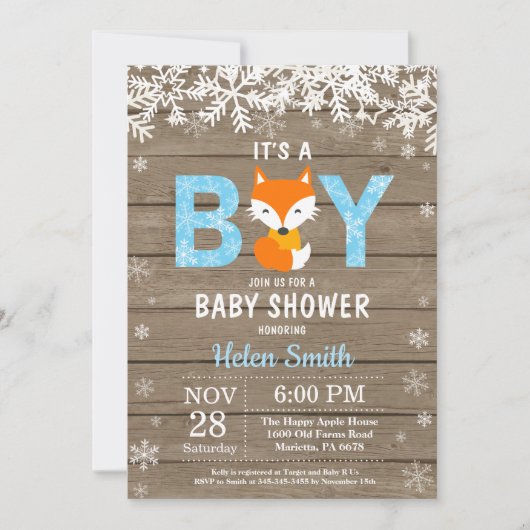 Rustikale Fox Winter Boy Babydusche Einladung (Vorderseite)