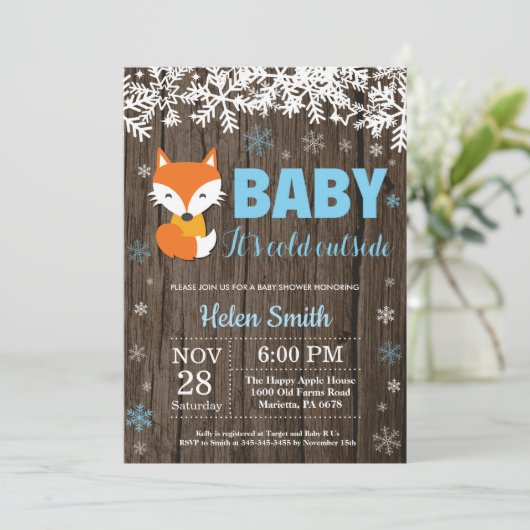 Rustikale Fox Winter Boy Babydusche Einladung (Stehend Vorderseite)