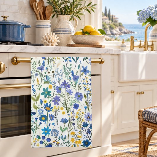 Rustikale französische blaue Gartenwildblumen Geschirrtuch