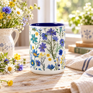 Rustikale französische blaue Gartenwildblumen Zweifarbige Tasse