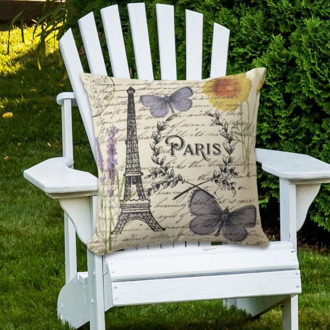 rustikale französische Landskripte paris eifftower Kissen (rustic french country scripts paris eiffel tower outdoor pillow)