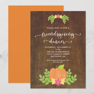 Rustikale Friendsgiving-Dinner Kürbis und Grün Einladung