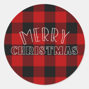 Rustikale frohe Weihnachten Roter Karierter Feiert Runder Aufkleber
