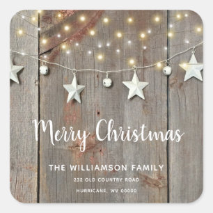 Rustikale frohe Weihnachtsbaumwein-Streichelleucht Quadratischer Aufkleber