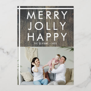 Rustikale fröhliche heitere Holz-Familienfoto-Weih Folien Feiertagskarte