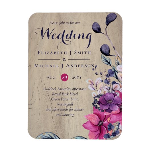 Rustikale Fuchsia Floral Woodland Wedding Magnet (Vertikal)