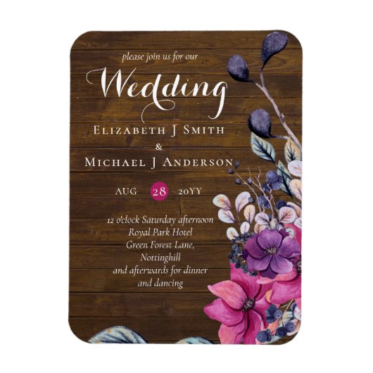 Rustikale Fuchsia Floral Woodland Wedding Magnet (Vertikal)