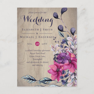 Rustikale Fuchsia Floral Woodland Wedding Postkarte