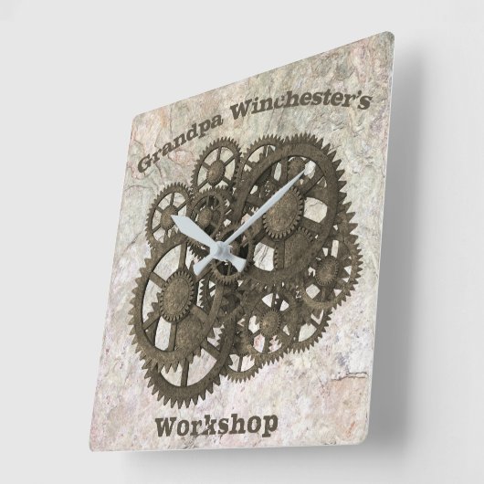 Rustikale Gänse Sprocket Steampunk auf Steinvorlag Quadratische Wanduhr (Winkel)