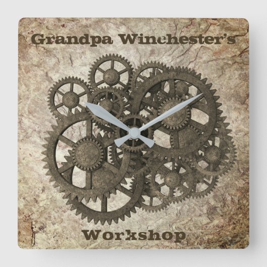 Rustikale Gänse Sprocket Steampunk auf Steinvorlag Quadratische Wanduhr (Vorderseite)