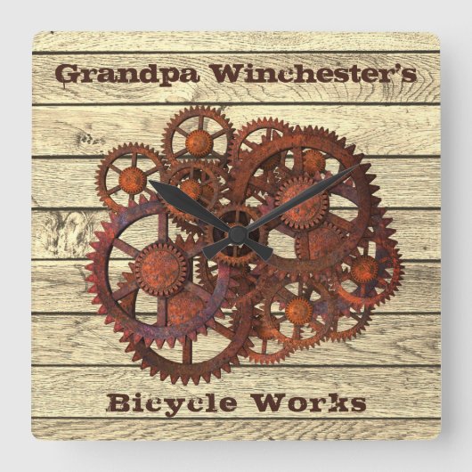 Rustikale Gänse Sprockets Steampunk Stil Wand Quadratische Wanduhr (Vorderseite)