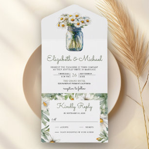 Rustikale Gänseblümchen-Blumen-Mason-Glas-Hochzeit All In One Einladung
