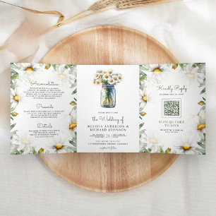 Rustikale Gänseblümchen Blumen Mason-Glas QR-Code Dreifach Gefaltete Einladung