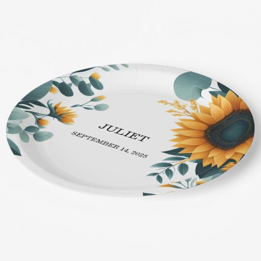 Rustikale Gartengrün Sonnenblumen Brautparty Pappteller (Schrägansicht)