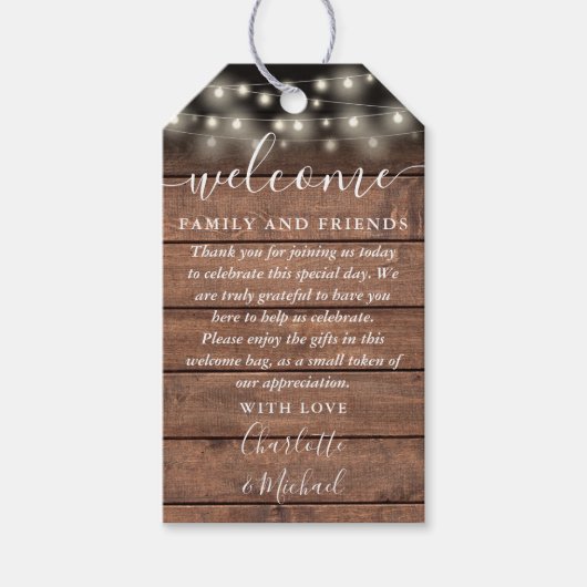 Rustikale Gastgeschenk Hochzeit Begrüßungskorb Geschenkanhänger (Vorderseite)