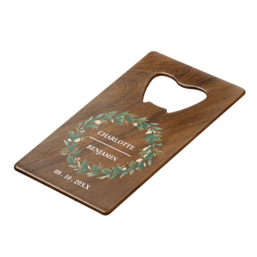 Rustikale Gastgeschenk Hochzeit Geldbeutel Flaschenöffner (Vorderseite Schrägansicht)