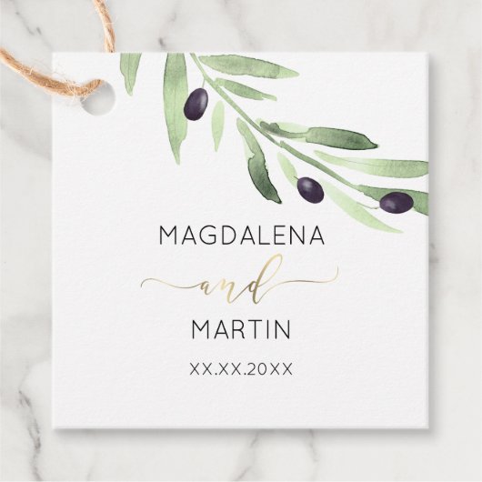 rustikale Gastgeschenk Hochzeit mit Olivenbäumen Geschenkanhänger (Vorderseite)